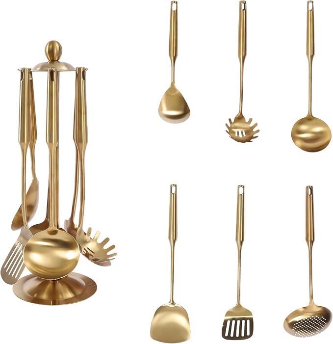 7-Piece Gold Kitchen Utensils Set with Rotating Stand, Food-Grade 304 Stainless Steel Kitchen Cooking Utensils Set Includes Spatula, Slotted Turner, Ladle, Skimmer, Pasta Server, Large Rice Spoon by JAYEUW