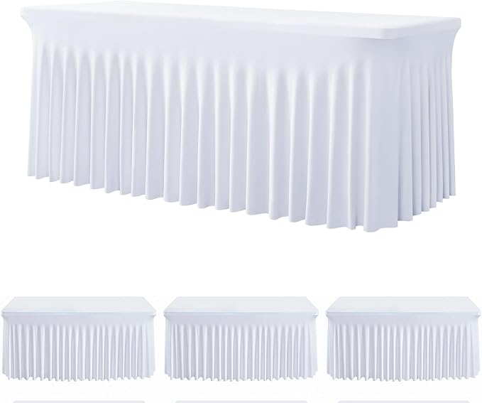 White Spandex Tablecloth for 6 Foot Rectangle Tables, 3Pack Stretch Table Cloths 6ft Fitted Table Cover Desk Skirt for Parties Weddings Birthday Banquet Baby Shower by Htper