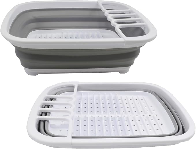 SAMMART 8L (2.11Gallons) Collapsible Plastic Dish Drainer - Foldable Drying Rack - Portable Dinnerware Organizer - Space Saving (White/Grey (Set of 2)) - Image 2