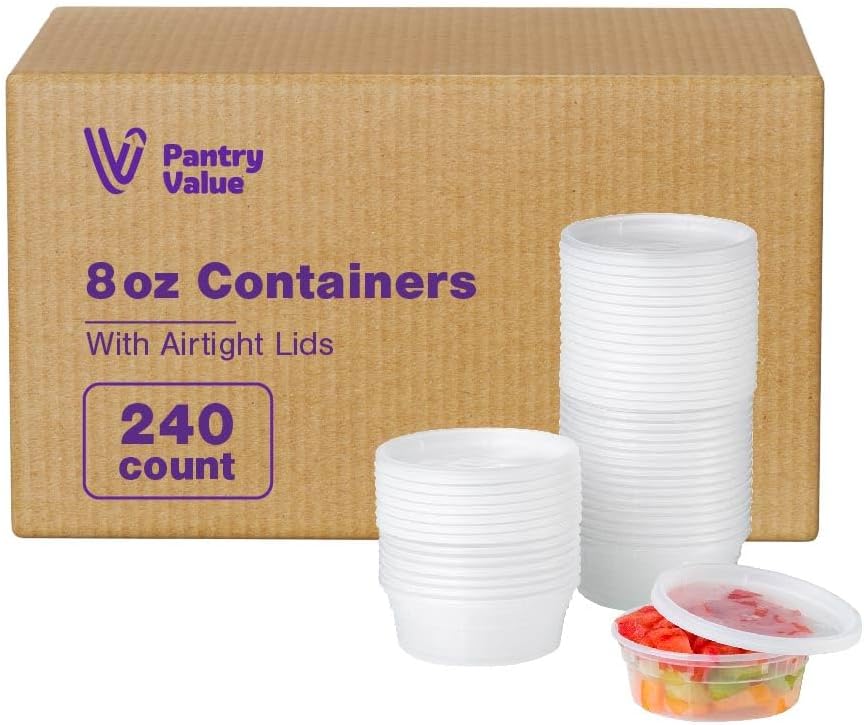 Pantry Value [Case of 240 8 oz. Plastic Food Storage Deli Containers with Lids, Disposable Soup Containers With Lids - Perfect for Storing Soups, Sauces, and Snacks by PantryValue