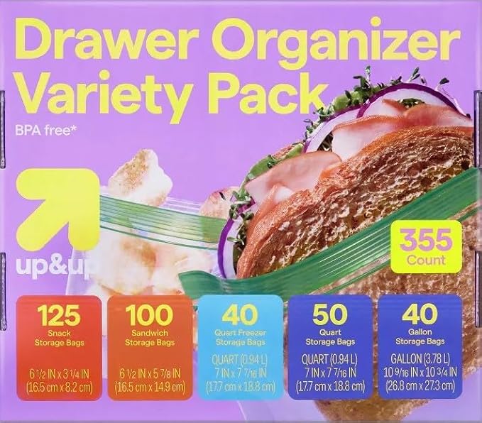 355-Count Food Storage Bags Variety Pack - Assorted Clear Plastic Bags (5-in-1: Snack/Sandwich/Quart Freezer/Quart/Gallon) with 1 Reusable Grocery Bag Tote - Image 2