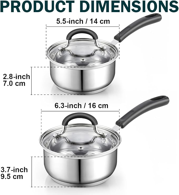 Cook N Home Professional 1 Quart and 2 Quart Stainless Steel Saucepan Set with Lids, Small Kitchen Induction Cooking Sauce Pot Pan, Stay-Cool Silicone Handle, Dishwasher Safe - Image 2