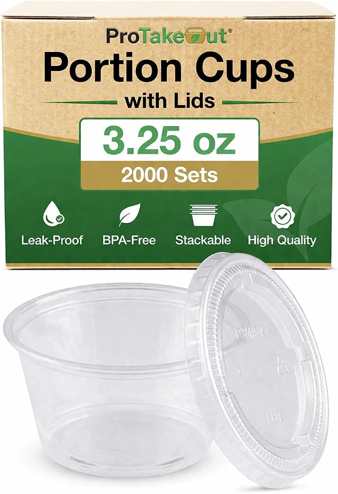 0.75-5.5 oz Plastic Portion Cups with Lids, 100-2000 Count, Dessert Cups with Lids, Jello Shot Cups with Lids, Small Plastic Cups for Salad Dressing & Condiments (2000, 3.25, ounces) by ProTakeOut