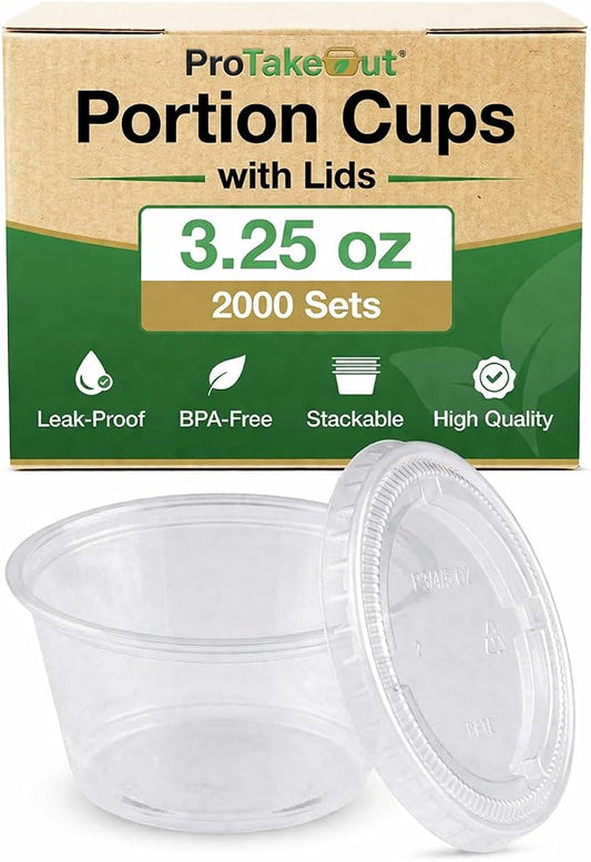 0.75-5.5 oz Plastic Portion Cups with Lids, 100-2000 Count, Dessert Cups with Lids, Jello Shot Cups with Lids, Small Plastic Cups for Salad Dressing & Condiments (2000, 3.25, ounces) by ProTakeOut