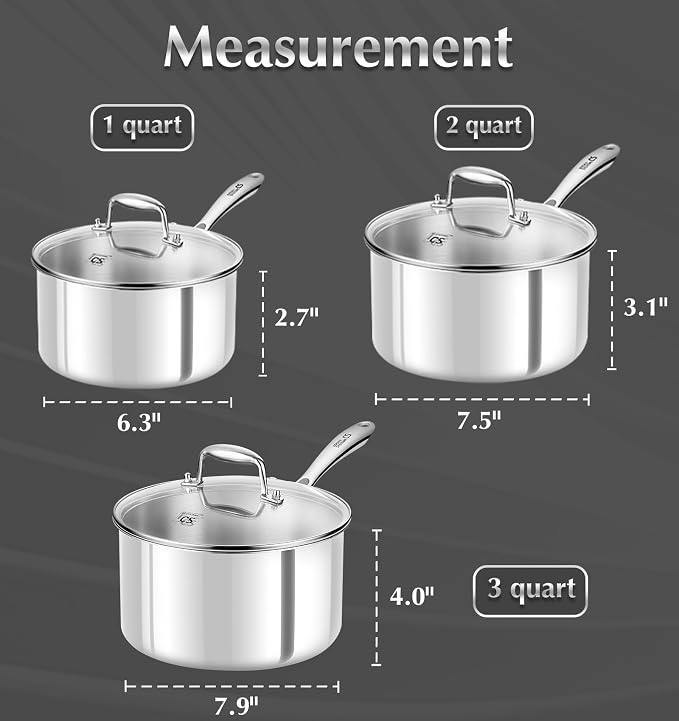 KOCH SYSTEME CS Triply Stainless Steel Saucepan Set, 1QT & 2QT & 3QT Stainless Steel Pot Set with lid, Diswasher & Oven Safe, Induction Compatible Pot, 6PCS - Image 8