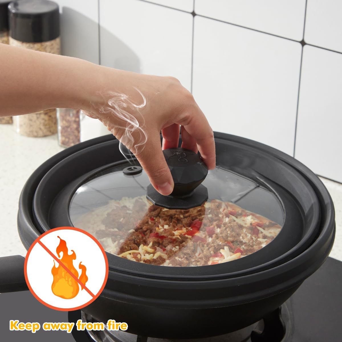 Microwave Splatter Cover Vented Glass Splatter Guard Lid with Collapsible Silicone for Food as Pot Cover Plate 9.8 inch Black