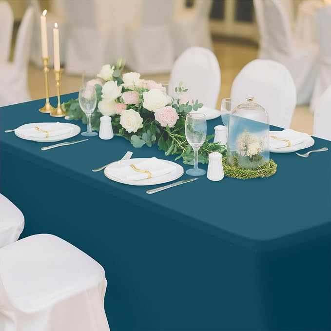 Smiry 2Pack Spandex Table Cloth 6FT, Elastic Fitted Peacock Blue Tablecloth - Image 6