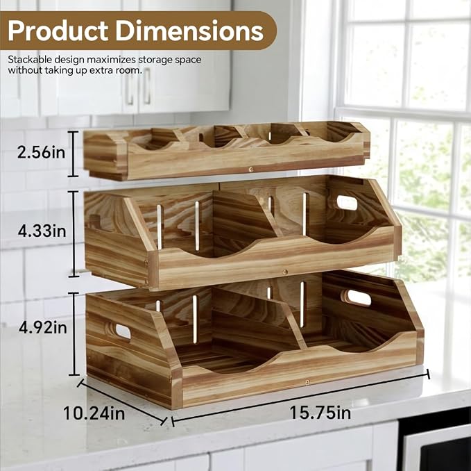 3-Tier Solid Wood Potato and Onion Storage Bin for Kitchen Counter, Stackable Fruit Vegetable Basket with 4-Compartment Top Tray Removable Adjustable, Ventilated Pantry Organizers and Storage - Image 2