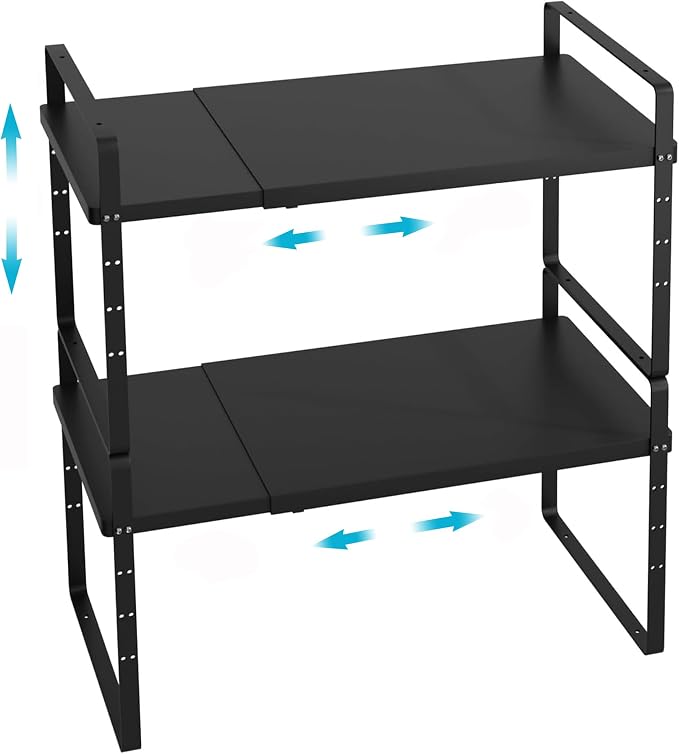 iPEGTOP Expandable Cabinet Storage Shelf Organizer Rack, Heavy Duty Steel Metal Spice Rack Adjustable Height Home Office Garage Pantry Shelves for Counter Kitchen Organization, Black, 2 Pack by iPEGTOP
