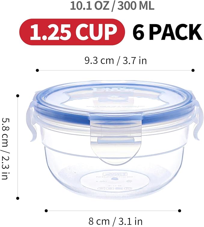 KIGI Round Food Storage Containers, 1.25 cup 10 oz, 6 Pack 12-Piece | Leak-Proof & Airtight, Small Plastic Bowls with 4-Sided Locking Lids for Snacks, Meal Prep and Lunch, BPA-Free, Freezer Safe - Image 2