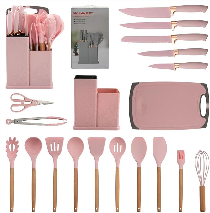 19 Pcs Kitchen Cooking Utensils and Knife Set with Block, with 11 Piece Silicone Cooking Utensils Set 5 Pcs Sharp Stainless Steel Chef Knives Scissors Whisk Tongs and Cutting Board (Cherry Pink) - Image 8