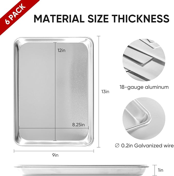 TENUP 6 Pack Aluminum Quarter Sheet Pan, 13" x 9" Heavy Duty Commercial Baking Tray Reinforced Rim, Warp-Resistant Rust-Free - Image 2