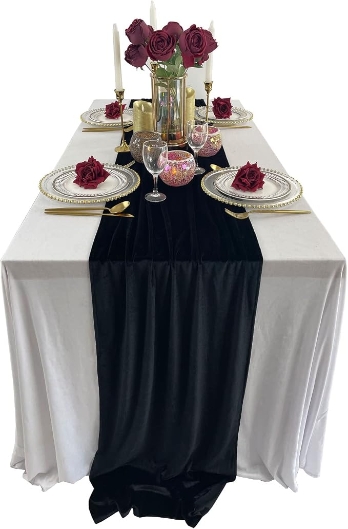 Luxurious Velvet Table Runner, 10ft Wedding Reception Decorations, 20x120inch Soft Velvet Fabric, Table Linen Overlay, Wedding Table Runners (Black, 20X120inch) by EHLDekol