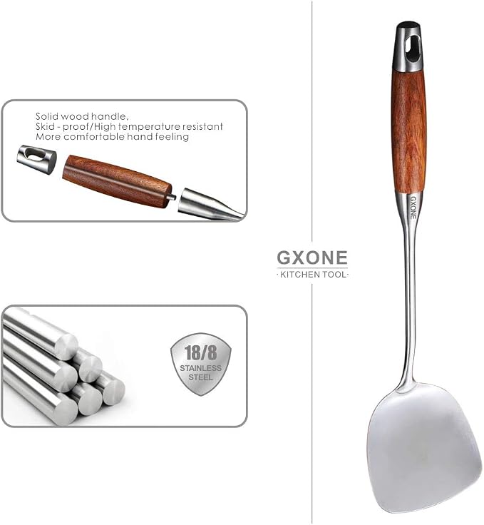 Chinese Wok Spatula, 304 Stainless Steel,with Wooden Handle, 15.7 Inch - Image 3