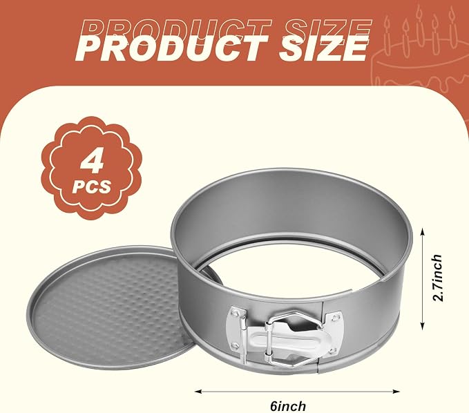 Funnymoom 4 Pcs 6 Inch Non Stick Springform Pan with Removable Bottom Carbon Steel Round Springform Cheesecake Pan with Stainless Steel Spring Buckles for Baking Kitchens Restaurant(Gray) - Image 2