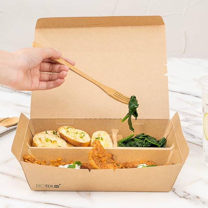 Restaurantware-Bio Tek 50.7 Ounce To Go Boxes, 100 Disposable Bento Boxes - 3 Compartments, Tab Lock Closure, Kraft Paper Take Out Box, Serve Hot and Cold Foods, For Restaurants or Parties - Image 5