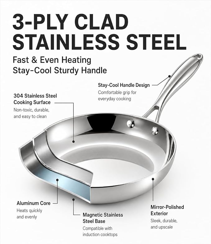 USELUCK 12 Inch Tri-Ply Stainless Steel Frying Pan with Lid - Image 2