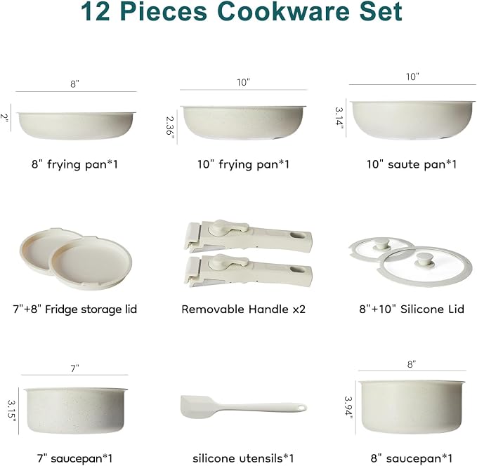 NEWBULIG 12-Piece Nonstick Cookware Set, Detachable Handle Pots and Pans, Induction Compatible Cookware, Dishwasher & Oven Safe, Space-Saving Kitchen Set, Cream White - Image 2