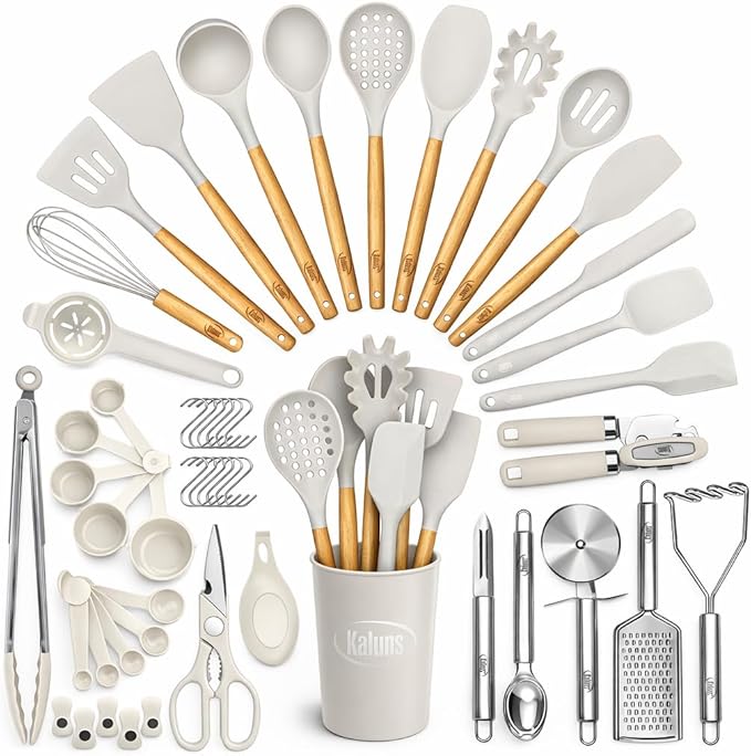 Kaluns 50 PCS Silicone Kitchen Utensils Set Complete Kitchen Set - 800°F Heat Resistant Non-Stick Premium Silicone Cooking Utensils W Wooden Handles - Can Opener, Masher, Turner, Silicone Spatula Set by Kaluns%C2%AE