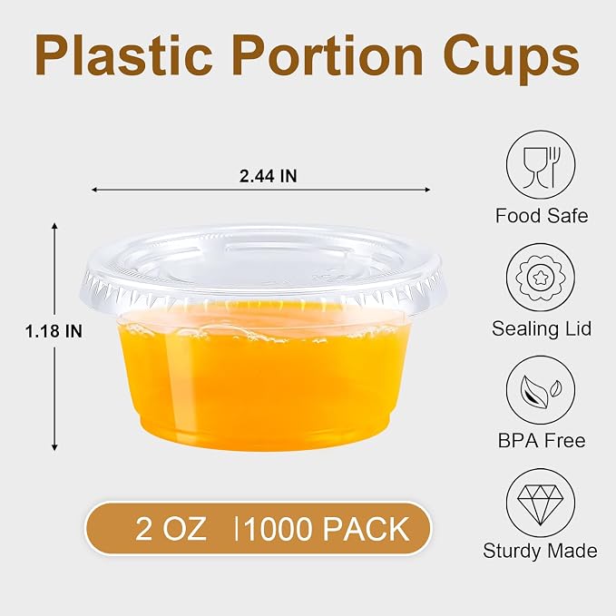 BYSNOW 1000 Sets 2 oz Plastic Jello Shot Cups with Lids, Small Portion Cups | Clear Disposable Condiment Cups, Mini Sample Cups, Airtight Sauce Containers for Salad Dressing, Snacks, Souffle, Daily Use - Image 4