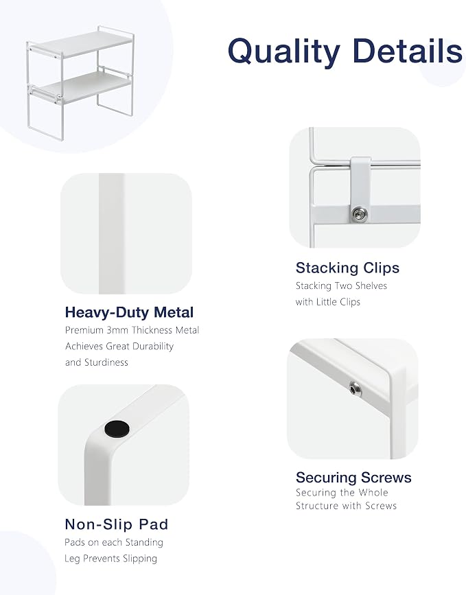 Nxconsu Stackable Cabinet Shelf Organizer 2 Pack, Standard White | Heavy-Duty 3mm Steel Stackable 2-Tier Shelf, Holds 50 lb, for Kitchen Cabinet Pantry Cupboard Counter Bathroom Under Sink - Image 4
