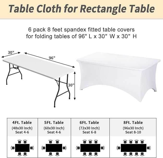 Fixwal 6 Pack 8FT White Tablecloth Rectangle Spandex Fitted Table Cover - Image 3
