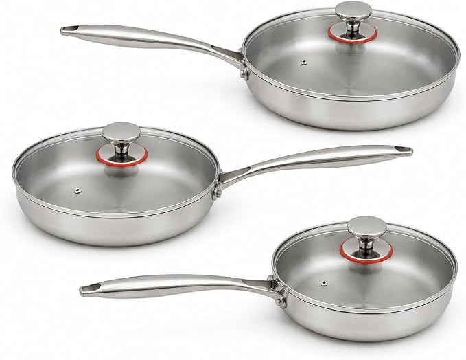 Stainless Steel Frying Pan Set Tri Ply 18/10 Skillet Set 12 10 8 Inch with Lids, Removable Handle, Oven Safe Induction Ready Cookware, Durable Non-Toxic Scratch-Resistant Saute Pans by EasyGreasy