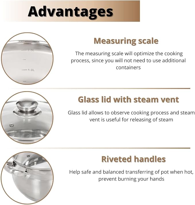 Daniks Classic 6.5 Quart Stainless Steel Stock Pot with Glass Lid, Tri-Ply Bottom for Even Heating, Induction Compatible, Dishwasher Safe - Image 4
