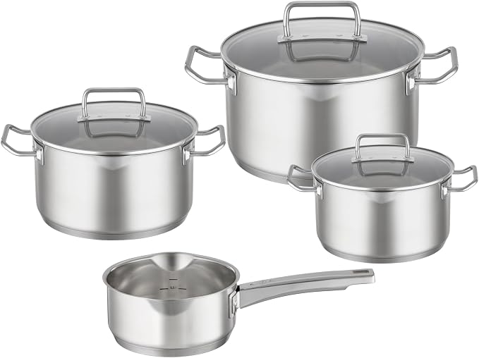 RÖSLE EXPERTISO 4-Piece Pot Set, Universal Pot Set with 3 Pots and 1 Saucepan, 18/10 Stainless Steel, Glass Lids, Scale on Inside, Suitable for Induction Cookers, Dishwasher Safe by Rosle