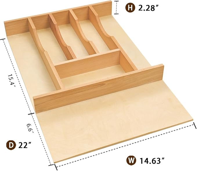 Silverware Drawer Organizer - Trim-to-Fit with Adjustable Dividers for Kitchen Utensil Storage, Beech Wood Frame with 11 Sizes (14.63" W x 22" D) - Image 4