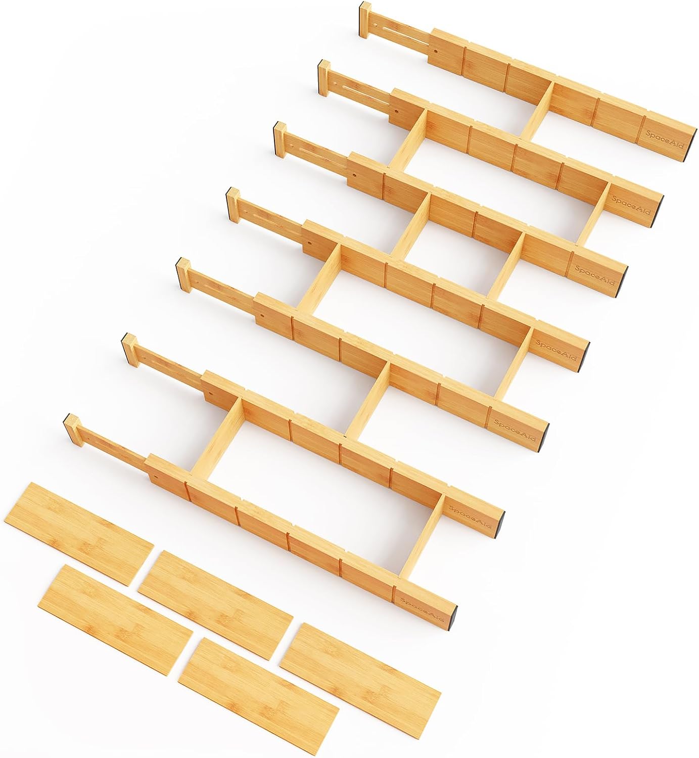 SpaceAid Bamboo Drawer Dividers with Inserts and Labels, Kitchen Adjustable Drawer Organizers, Expandable Organization for Home, Office, Dressers, 7 Dividers with 15 Inserts (17"-22" Natural)