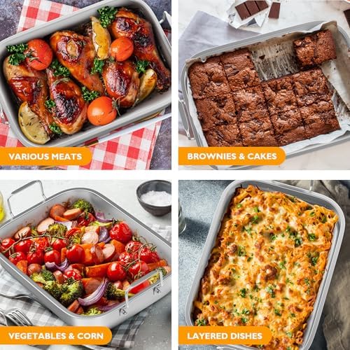 Sunvivi 15.6'' Roasting Pan with V-Shaped Rack, Rectangular Lasagna Pan with Handle, Non-Stick Stainless Steal Roaster for Turkey, Chicken, Vegetable, Lasagna, Heavy Duty & Dishwasher Safe - Image 7