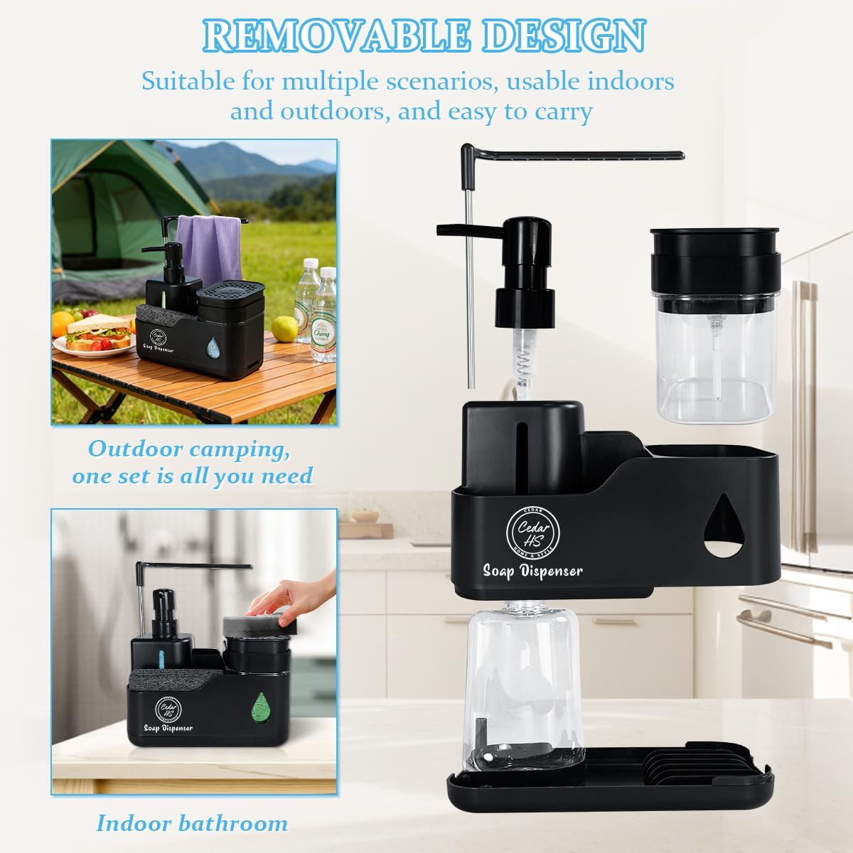 Kitchen Hand and Dish Soap Dispenser Set (Black) – Dual Pump Bottles with Sponge Caddy, Brush Holder, Towel Bar & Drain Rack – Space-Saving Countertop Organizer for Sink & Bathroom