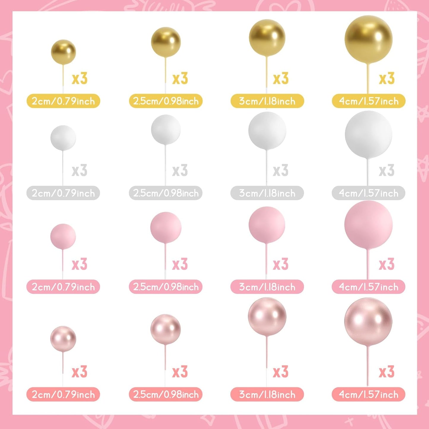 48 Pcs Cake Topper Decorations - Balloon Cupcake Toppers, Foam Balls for Birthday Party Wedding Cake Decorating (Rose Gold, Pink, White, Gold)