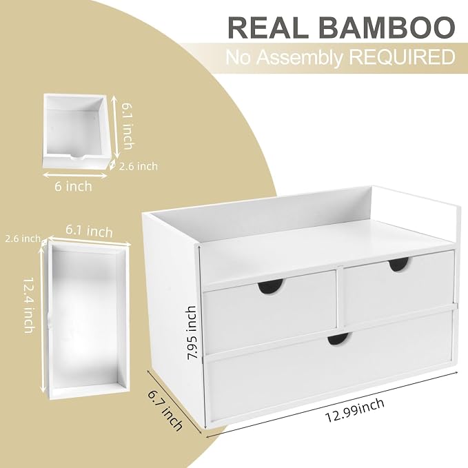 Charmewooden Bamboo Desk Organizer 3 Drawer with Shelf, Countertop Organizer with Drawers Makeup Storage Drawer 3 Drawers Tabletop Storage Organization Box Home Office Workspace（White） - Image 2