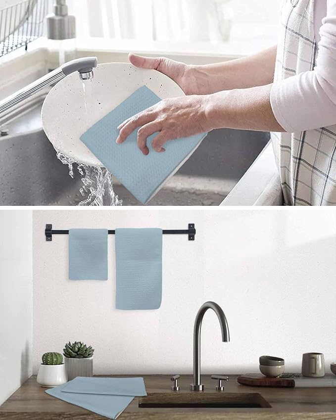 Blue Dish Towels Set,Waffle Weave Kitchen Towels Microfiber Towels Cleaning, Winter Sky Blue Modern Abstract Minimalist Solid Pure Pastoral Absorbent Dish Drying Towels Hand Towels 4-Pc 15.7x23.6In - Image 6