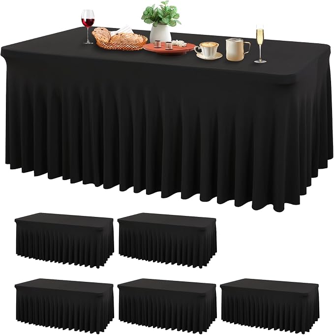 Wish Care 6 Pack Black Spandex Table Cloths for Rectangle Tables 6ft - One-Piece Wrinkle Free Fitted Table Cover 6 Foot Table Stretch Tablecloths for Party, Banquet, Wedding and Events by WishCare