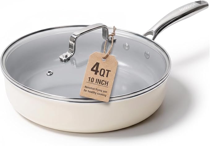 Kikcoin 10 INCH Ceramic Nonstick Deep Frying Pan with Lid, 4 QT Saute Pan by Kikcoin