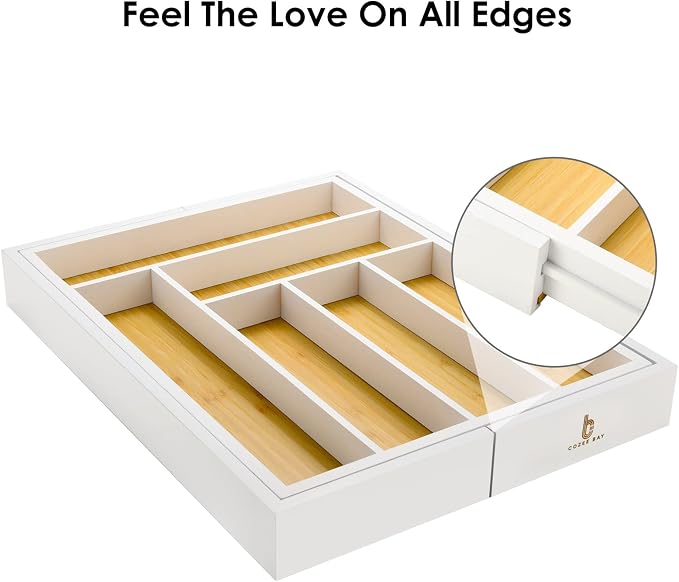 Bamboo drawer organizer, utensil holder, silverware organizer, and adjustable cutlery tray with drawer dividers, for kitchen, office desk, and bathroom storage (White) - Image 2