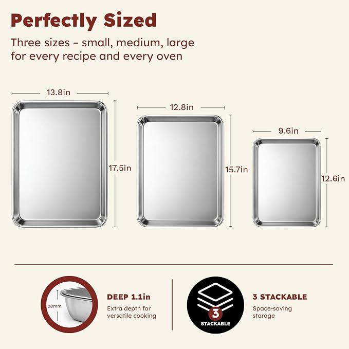 % Baking Sheet Set of 3: Stainless Steel Cookie Sheets for Baking | ././  Baking Pans Set - Dishwasher Safe, Rust Resistant - Mirror Finish, Non Toxic & BPA Free - Image 2