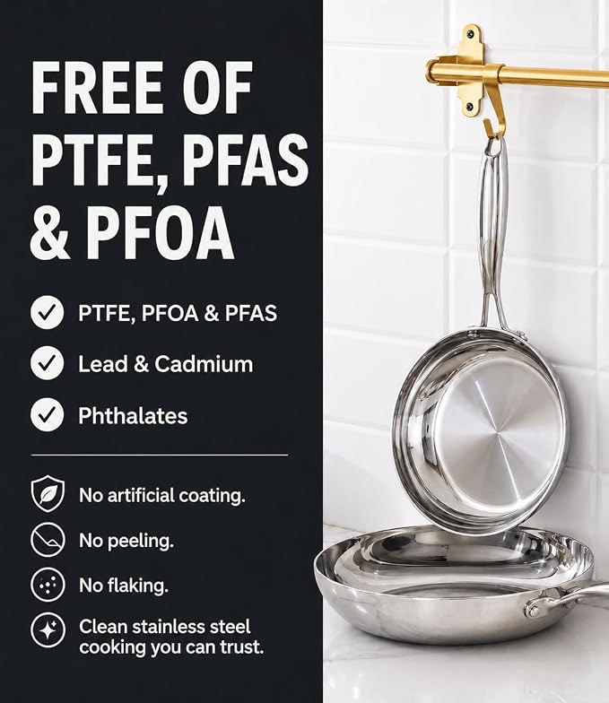 USELUCK 12 Inch Tri-Ply Stainless Steel Frying Pan with Lid - Image 3