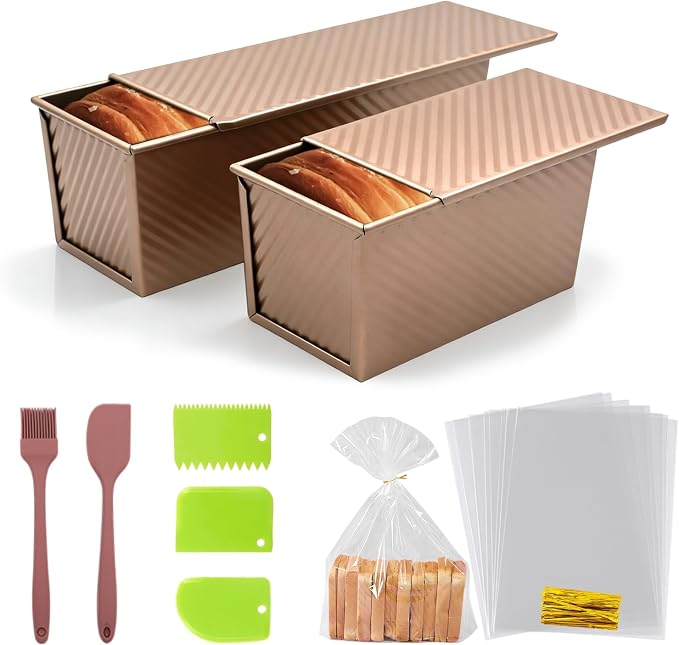 2 Pcs Pullman Loaf Pan with Lid, 2.2LB & 1LB Non-Stick Bread Pan, Carbon Steel Loaf Pans with Silicone Spatula & Oil Brush, Baking Pans Set for Homemade Bread, Square Toast Mold for Sourdough Bakeware by HiWelcometoMCIAONE