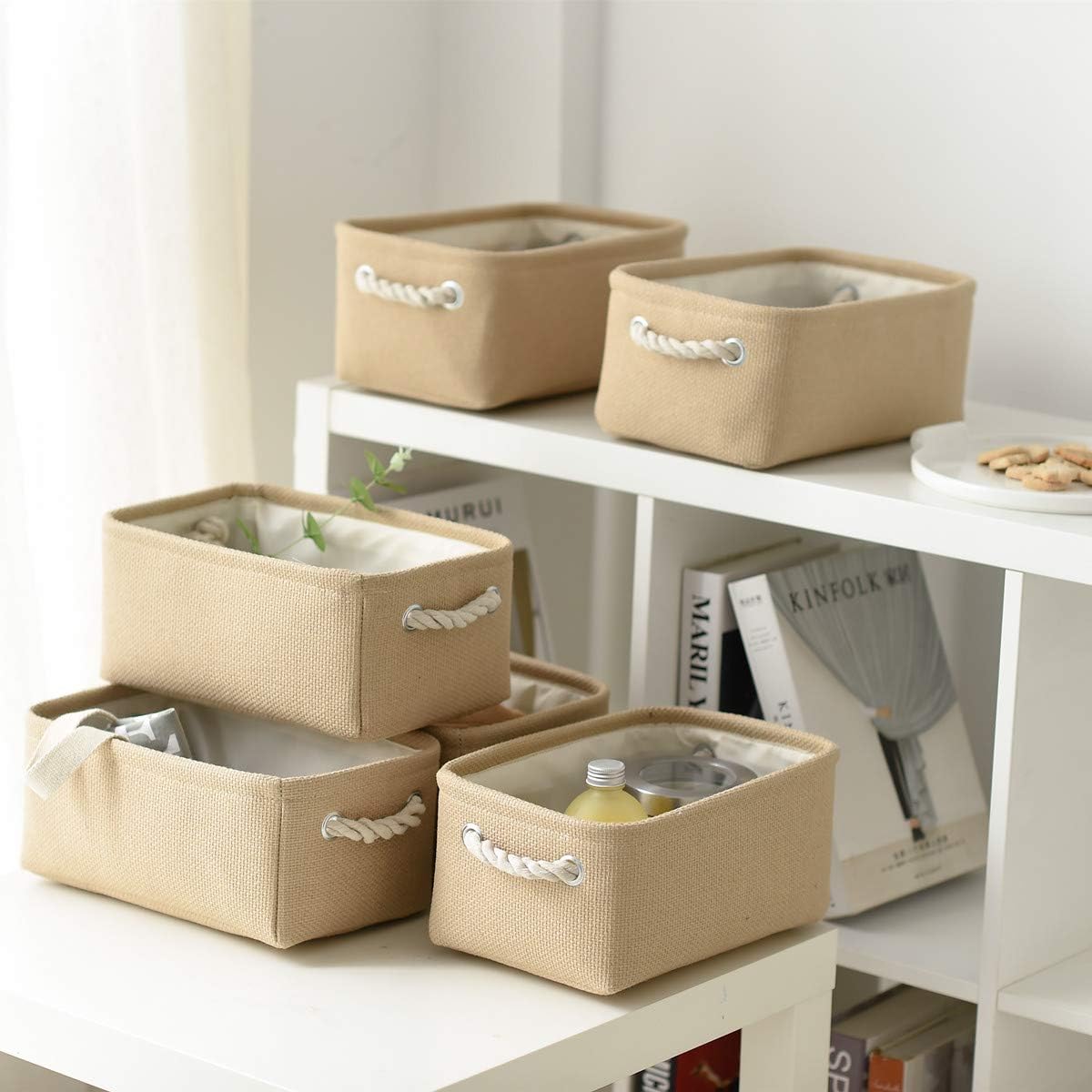 TheWarmHome Storage Basket for Organizing - Small 6 Pack 11.8x7.8x5.2 inch Fabric Storage Cubes with Cotton Rope Handle, Collapsible Storage Bins Baby Storage Toy Nursery (Beige)