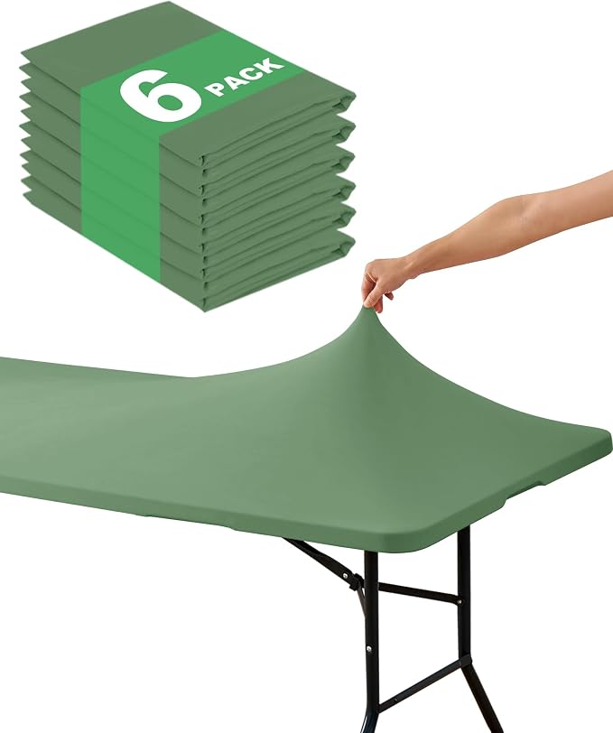 Fitted Tablecloth Rectangle Table Cloths with Elastic, 6 ft, Sage, 6 Pack by Keywave