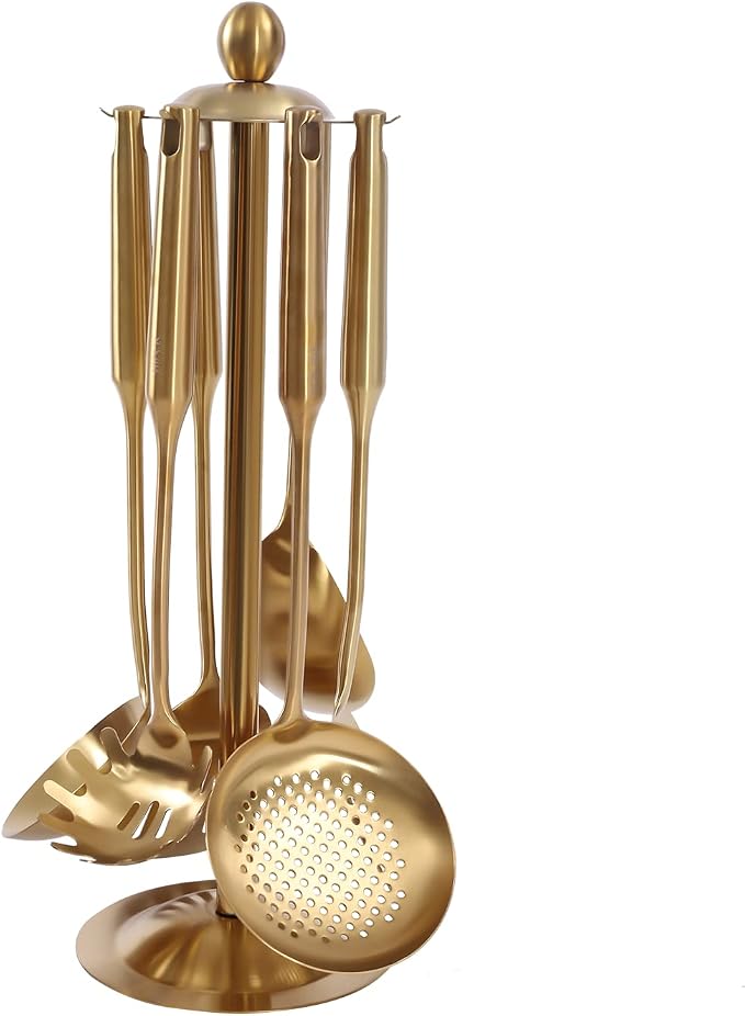 7-Piece Gold Kitchen Utensils Set with Rotating Stand, Food-Grade 304 Stainless Steel Kitchen Cooking Utensils Set Includes Spatula, Slotted Turner, Ladle, Skimmer, Pasta Server, Large Rice Spoon - Image 2