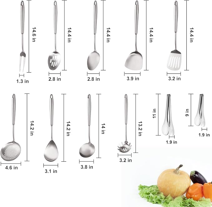 18/10 Stainlss Steel Kitchen Utensils Set, 11 Pcs Long Stainless Steel Cooking Utensils Set, Metal Cooking Utensils Set with Spatula, Spoon, Ladle, Skimmer, Dishwasher Safe - Image 2
