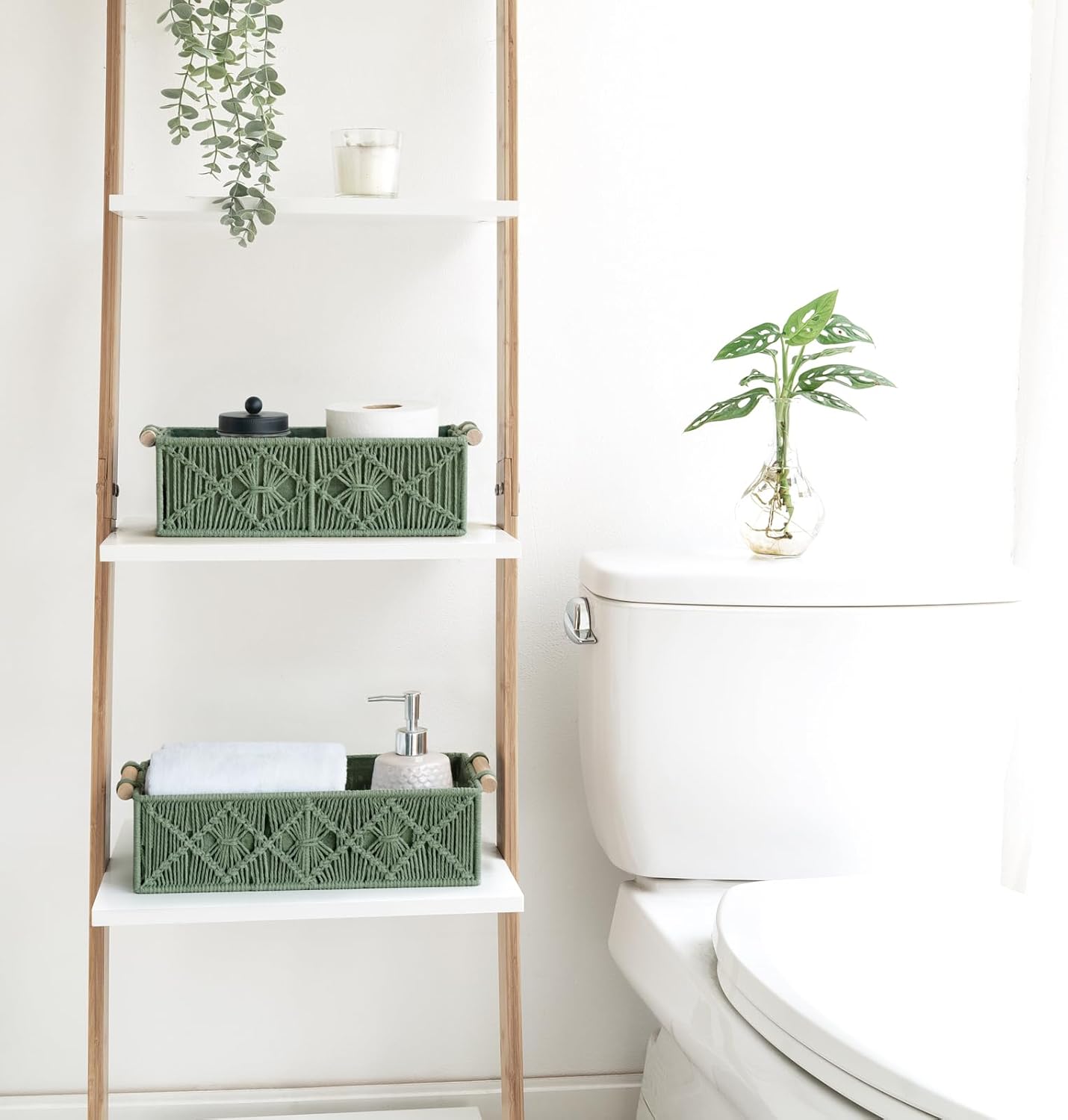 Mkono Macrame Storage Baskets Boho Decor Box Handmade Woven Decorative Countertop Toilet Tank Shelf Cabinet Organizer for Bedroom Livingroom Home, Set of 2, Green