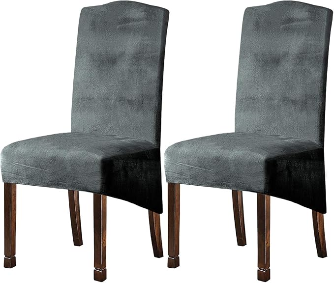 Velvet Plush XL Dining Chair Covers, Stretch Chaircover, Spandex High Chairs Protector Covers Seat Slipcover with Elastic Band for Dining Room,Wedding, Ceremony, Banquet (Light Grey, Set of 2) by KELUINA