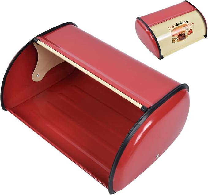 Metal Bread Box for Kitchen Countertop, Large Capacity Bread Bin Holder Container Roll Top Lid Bread Storage for Dry Food Save Powder Coated Iron Bread Box for Home Bakery Coffee Shop (Red) by Unknown