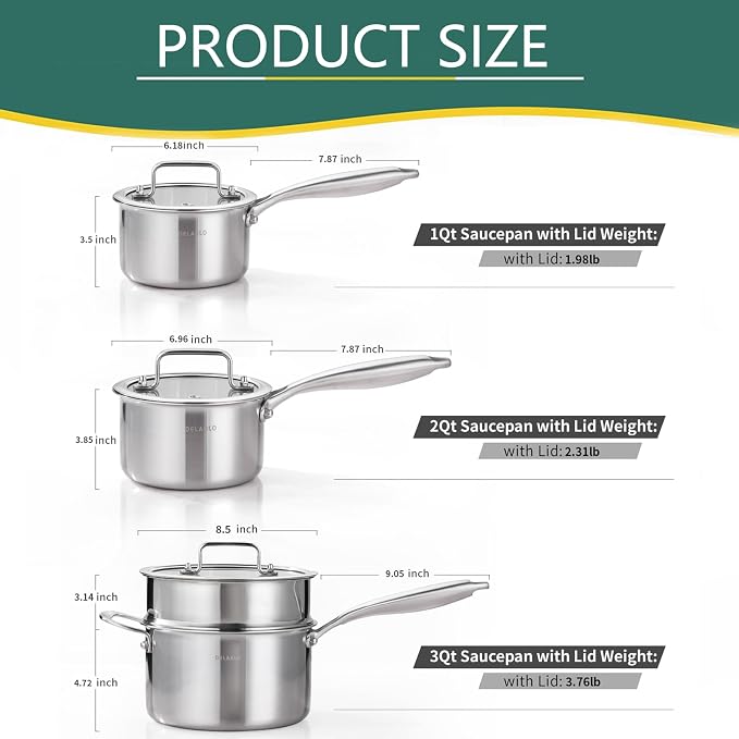 DELARLO Tri-Ply Stainless Steel Saucepan 1QT 2QT 3.5QT Kitchen Pot Set - Image 3